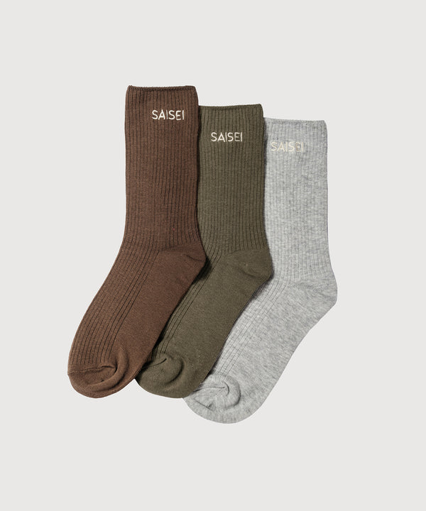 Soft Rib Socks - 3 Pack - Brown / Khaki / Heather Grey
